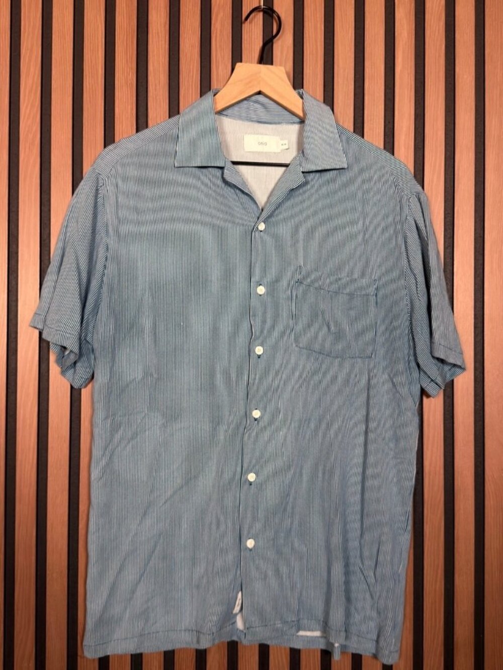 ONIA Shirt Medium Mens Blue Short Sleeve Collared Striped Button Up Casual